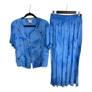 Marisol Blue Tie Dye Floral Embroidered Rayon 2 Piece Set Top Skirt Womens Large